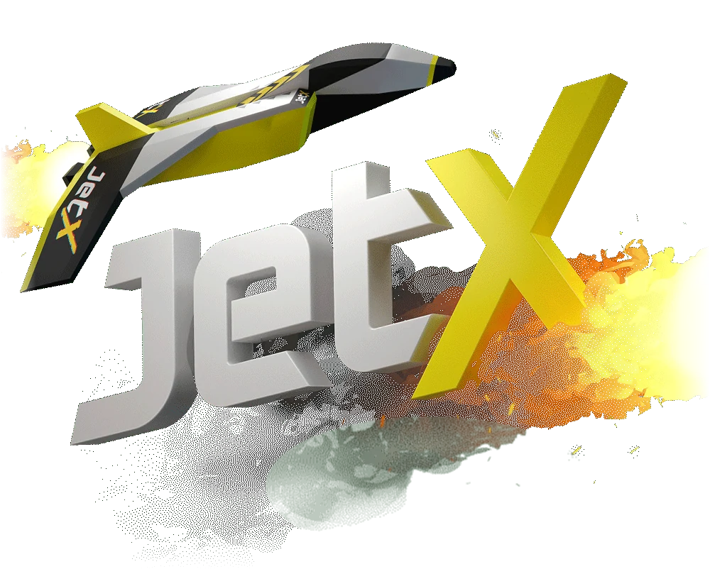 JetX 3D-logo van SmartSoft Gaming met opstijgende gele jet